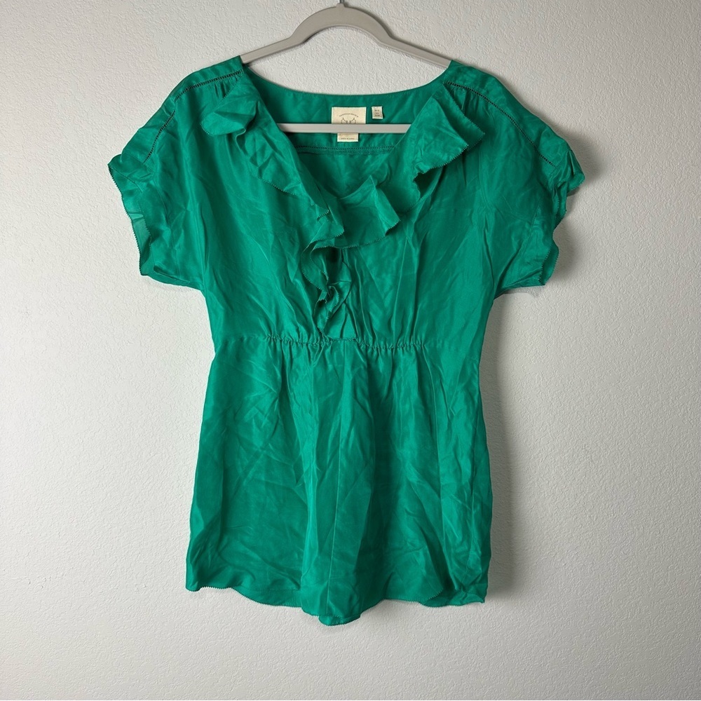 Vanessa Virginia Anthropologie Green 100% Silk Ruffle Short Sleeve Top Size 6